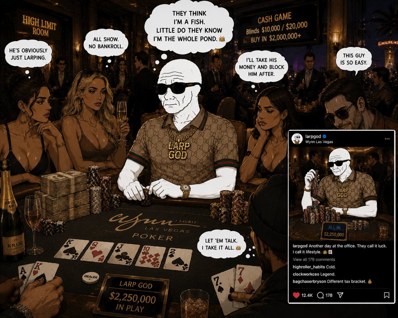 LARPGOD at a high-limit poker table with cash and captions.